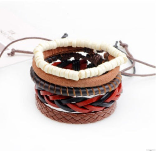 Leather Bracelet Men Multilayer Bead Bracelet Punk Wrap Bracelets for