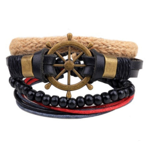 Leather Bracelet Men Multilayer Bead Bracelet Punk Wrap Bracelets for