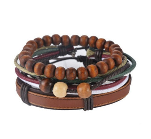 Leather Bracelet Men Multilayer Bead Bracelet Punk Wrap Bracelets for