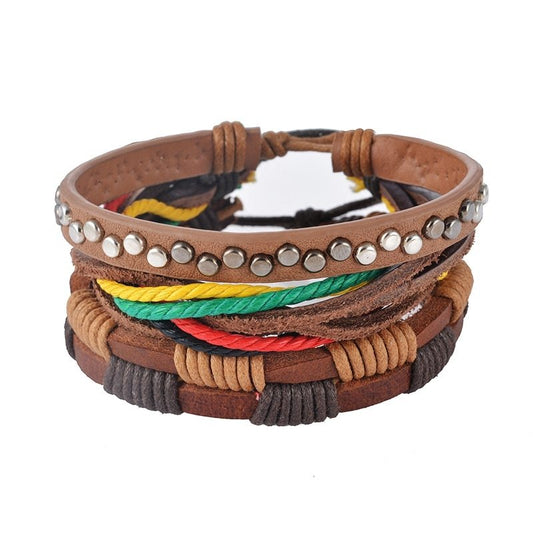 Leather Bracelet Men Multilayer Bead Bracelet Punk Wrap Bracelets for