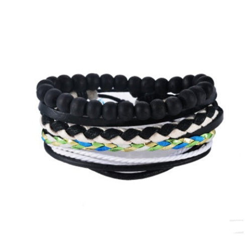 Leather Bracelet Men Multilayer Bead Bracelet Punk Wrap Bracelets for