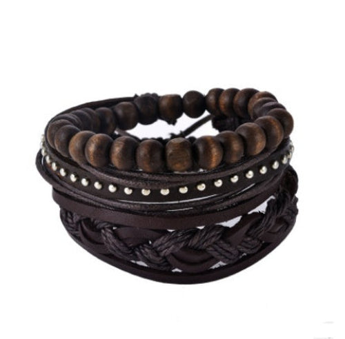 Leather Bracelet Men Multilayer Bead Bracelet Punk Wrap Bracelets for