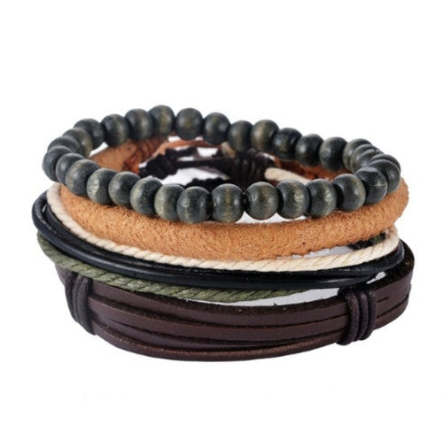 Leather Bracelet Men Multilayer Bead Bracelet Punk Wrap Bracelets for