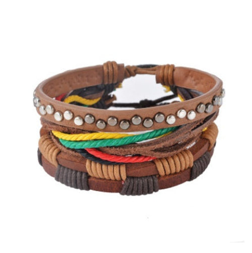 Leather Bracelet Men Multilayer Bead Bracelet Punk Wrap Bracelets for