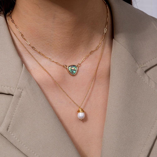 Two Layer Necklace With Abalone Pendant And Pearl Pendant